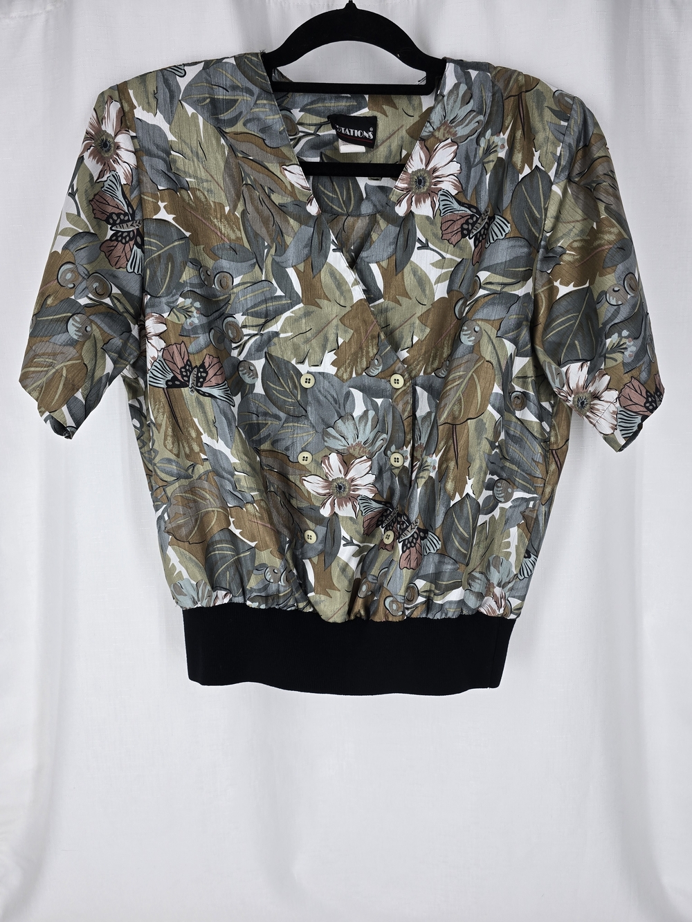 Notations Olive Floral Button-Front V-Neck Blouse